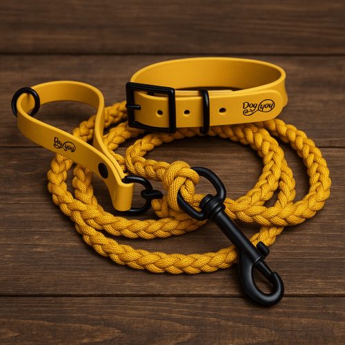 Biothane kutya nyakörv- paracord póráz szett Mustársárga