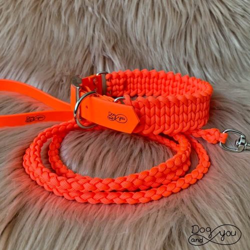 paracord-nyakorv-poraz-neonnarancs-szett-nyarislager-kutyafelszereles-kezmuves-fonottnyakorv-fonottporaz-paracord szett
